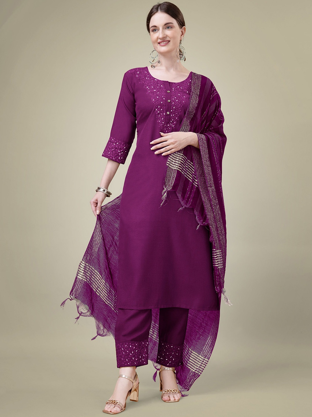 

devkison Designer Women Floral Yoke Design Regular Sequinned Kurti Trousers With Dupatta, Purple