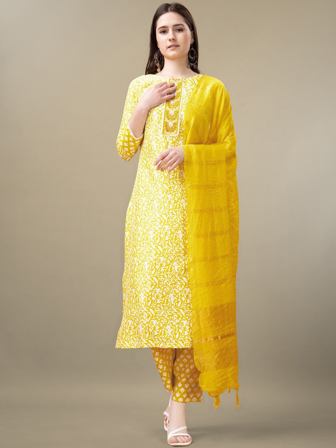 

devkison Designer Women Ethnic Motifs Printed Thread Work Kurta Churidar With Dupatta, Yellow