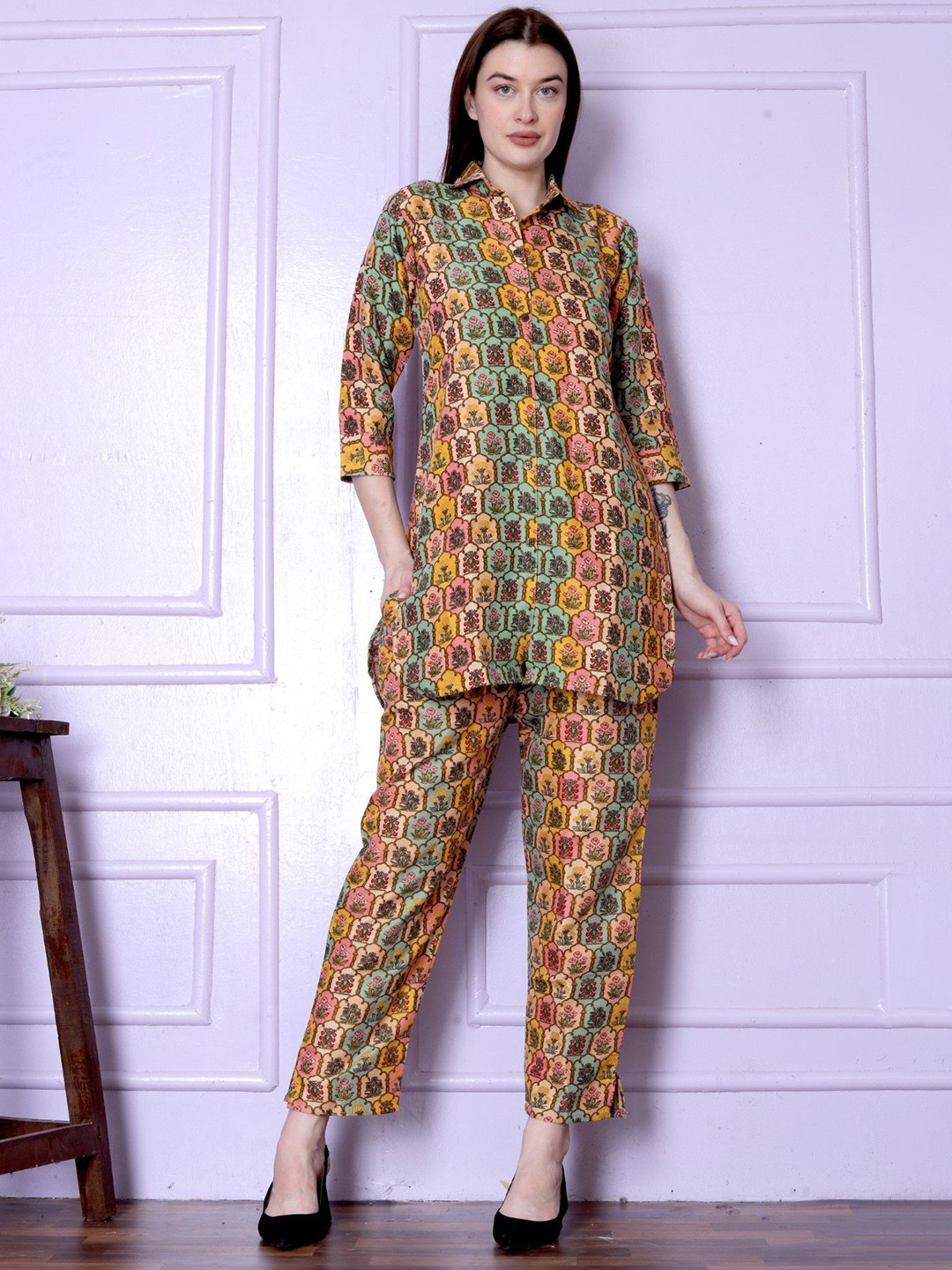 

LeeliPeeri Designer Printed Shirt-Collar Top With Trouser Co-Ords, Yellow
