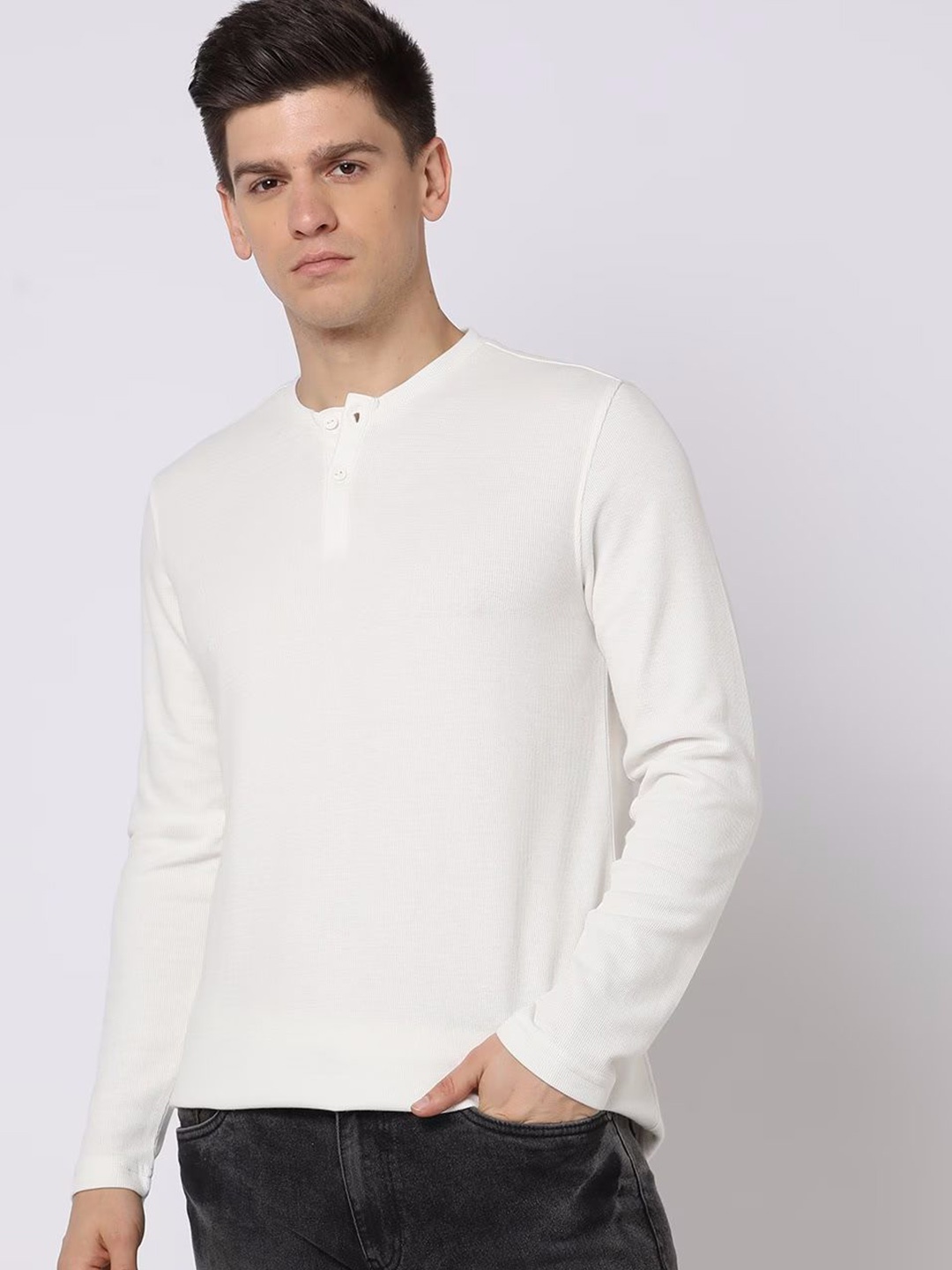 

COLOR CAPITAL Unisex Henley Neck Raw Edge T-shirt, White