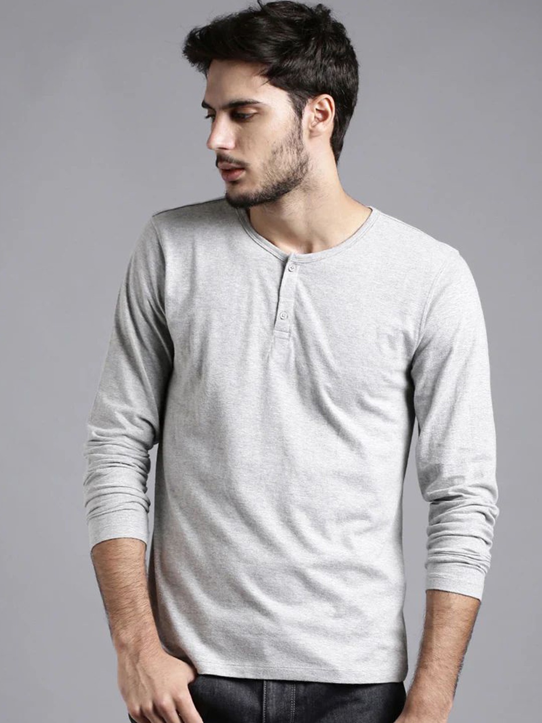 

COLOR CAPITAL Unisex Henley Neck Monochrome Pockets T-shirt, Grey