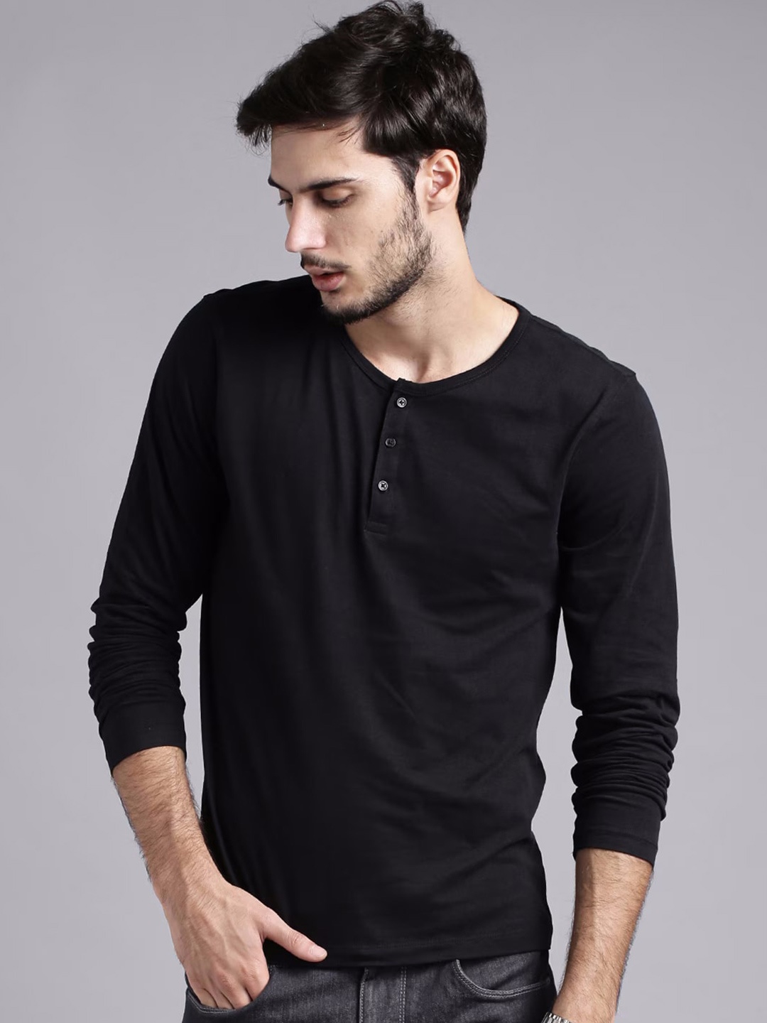 

COLOR CAPITAL Unisex Henley Neck T-shirt, Black