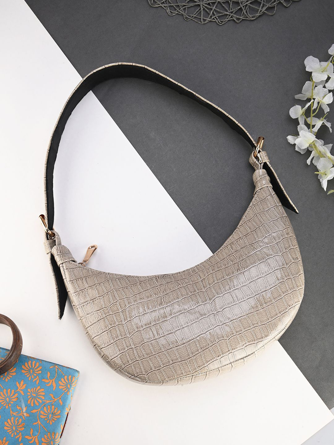 

DressBerry Half Moon Hobo Textured Bag, Grey