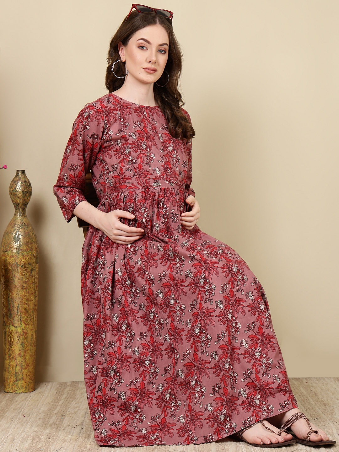 

Nayo Floral Print Maternity Cotton Maxi Dress, Mauve