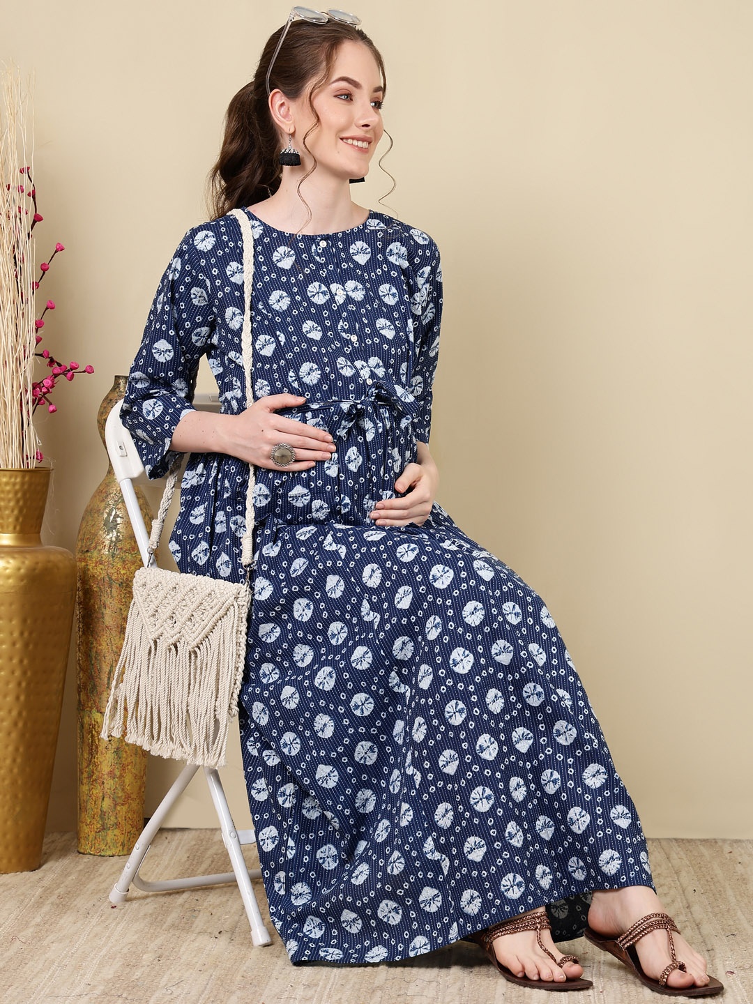 

Nayo Floral Print Maternity A-Line Maxi Dress, Navy blue