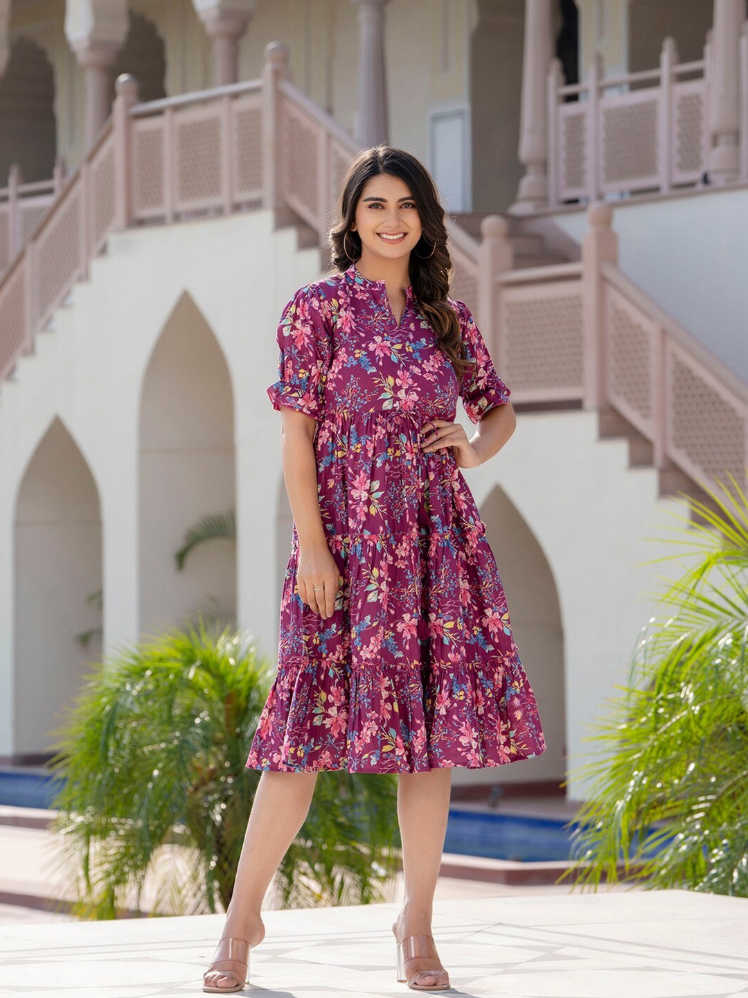 

Nayo Floral Print Puff Sleeves Cotton Fit & Flare Midi Dress, Burgundy