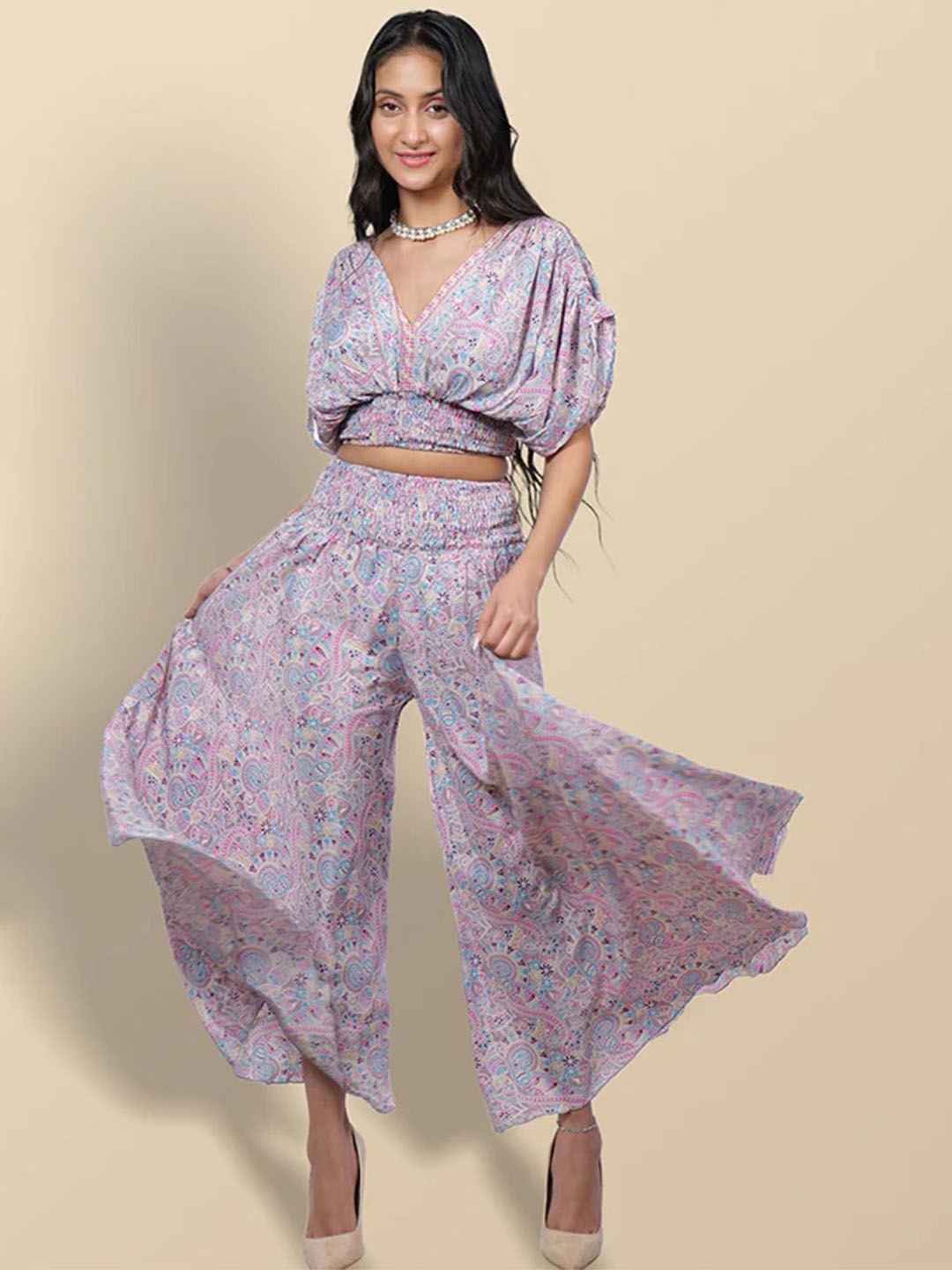 

Boholyfe Printed Top With Palazzo Co-Ords, Grey