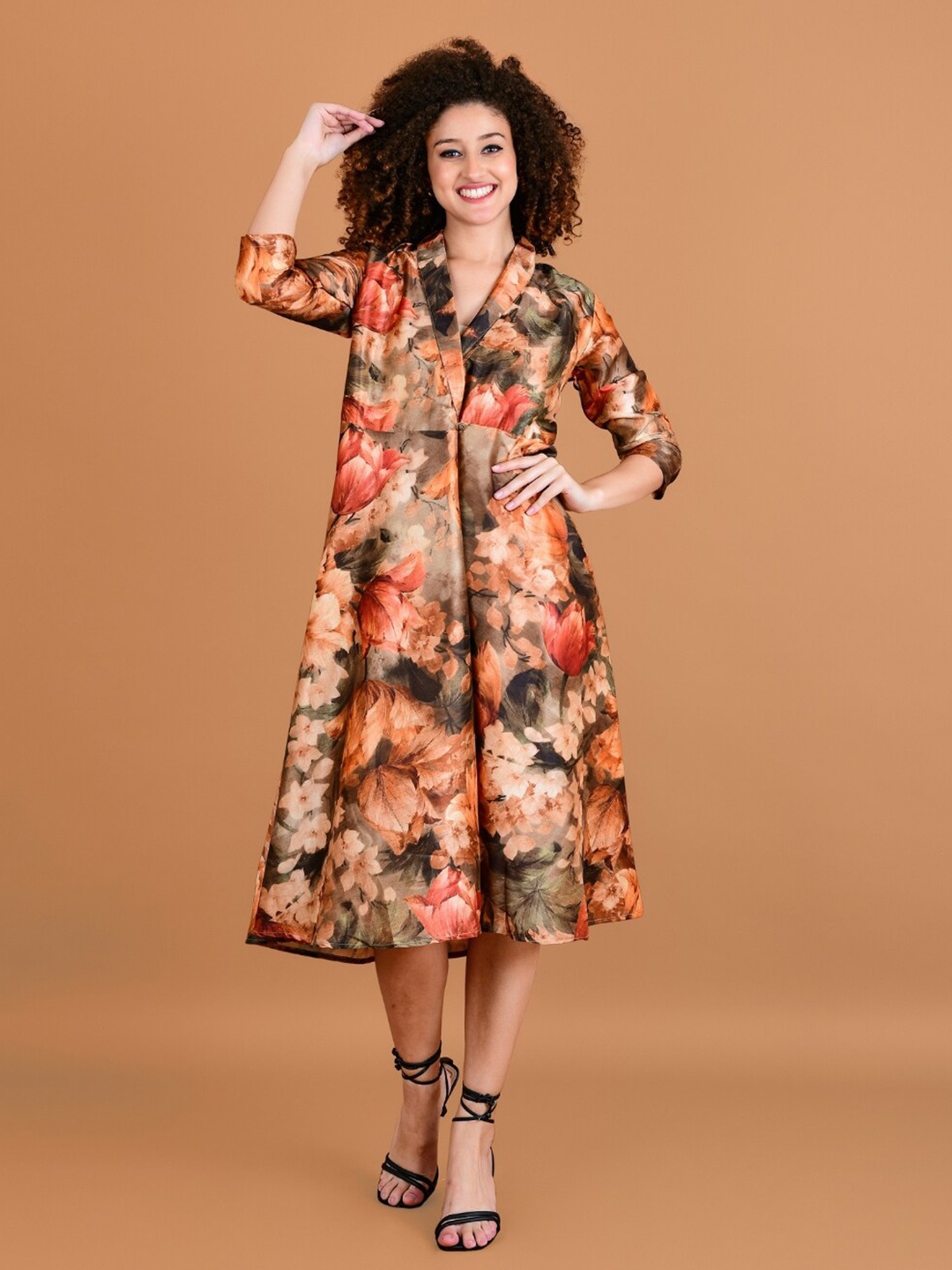 

Boholyfe Women Floral Print Wrap Midi Dress, Brown