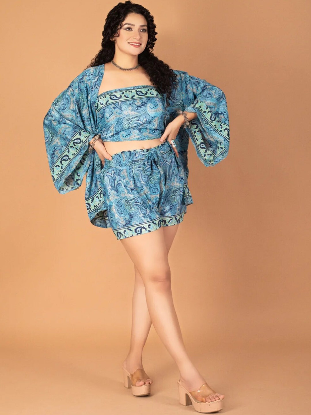 

Boholyfe Paisley Printed Shrug & Top with Shorts Co-Ords, Blue