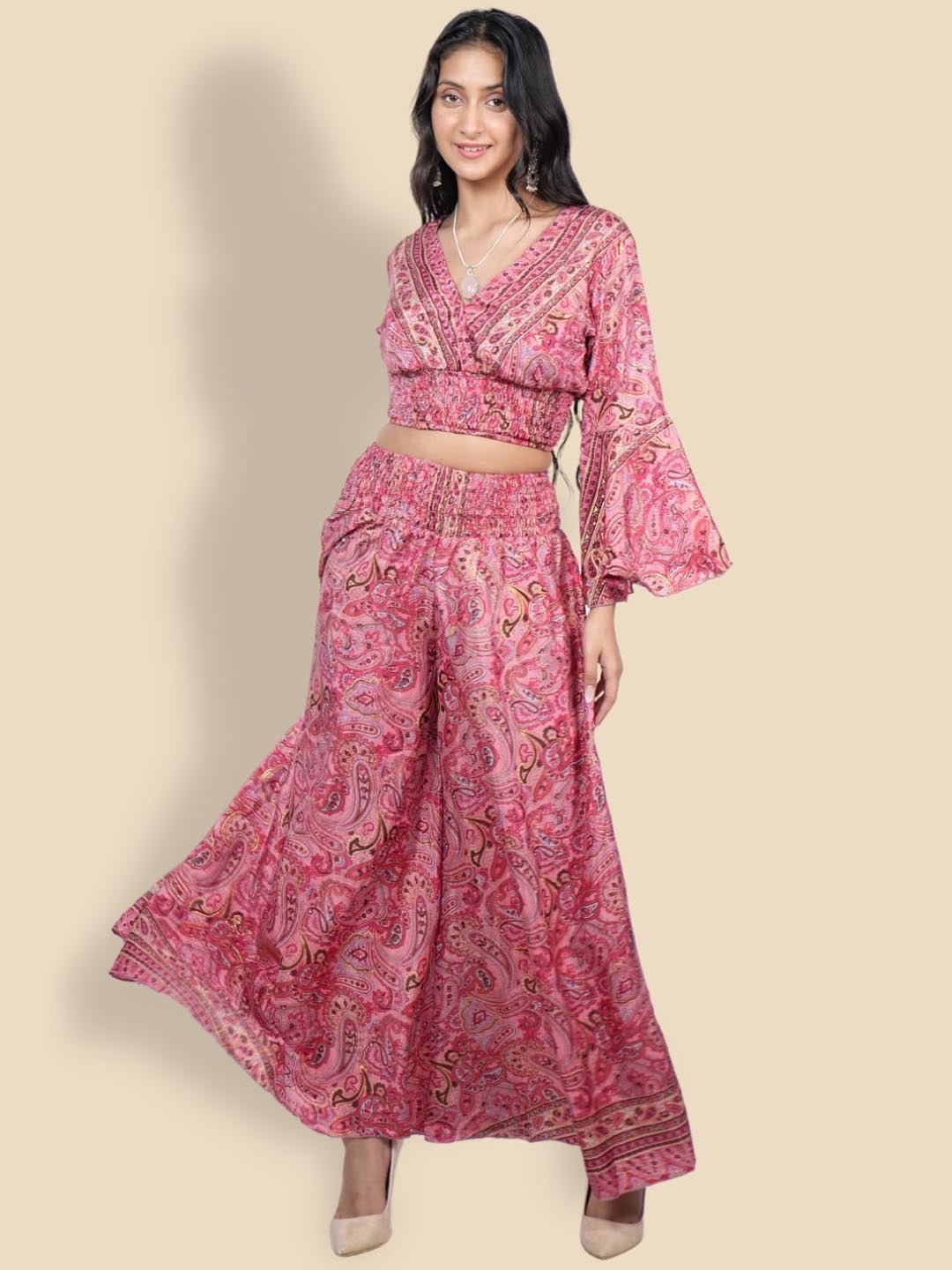 

Boholyfe Printed V-Neck Top With Palazzo Co-Ords, Pink