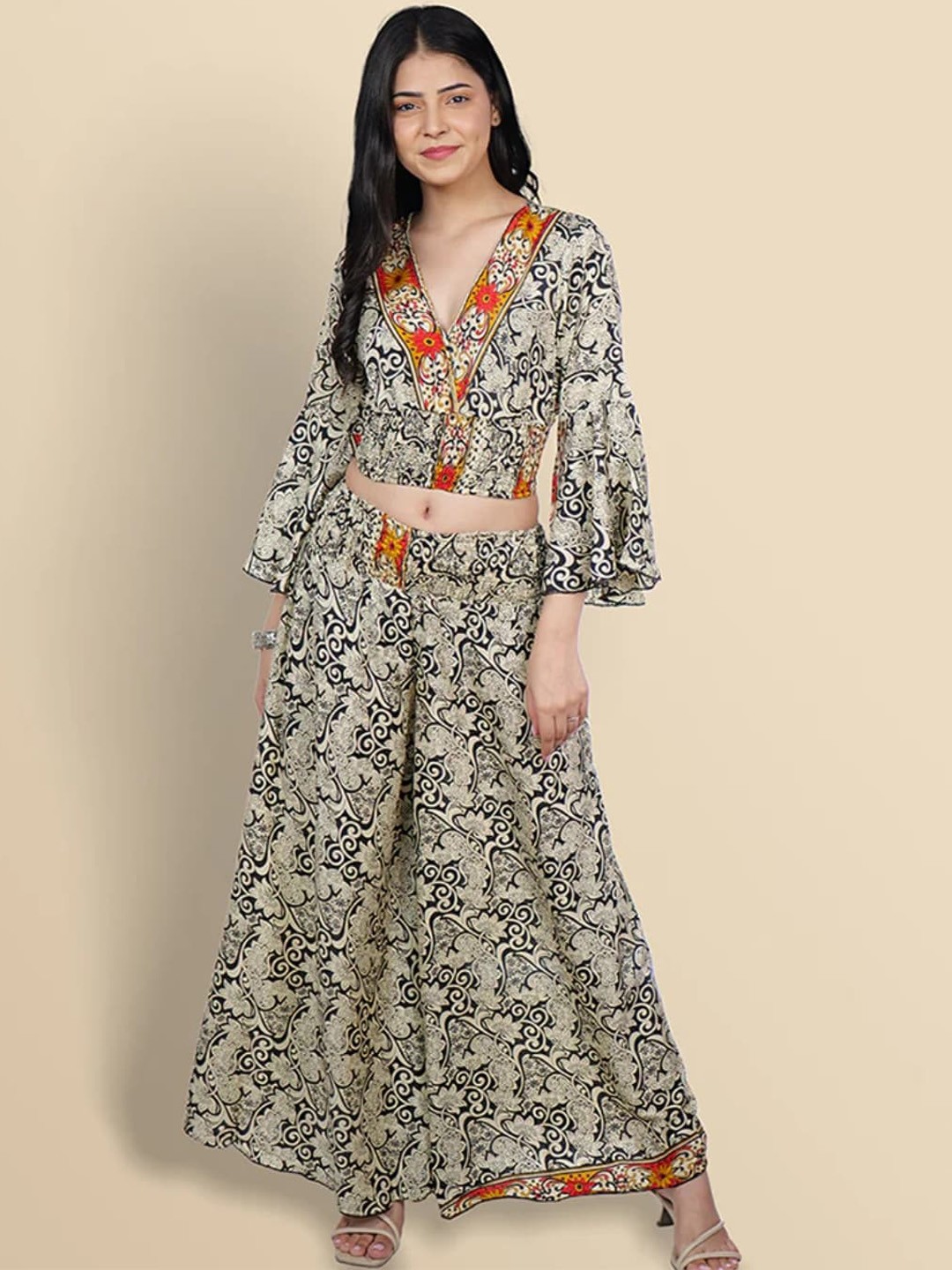 

Boholyfe Printed V Neck Top With Flared Palazzos Co-Ords, Off white
