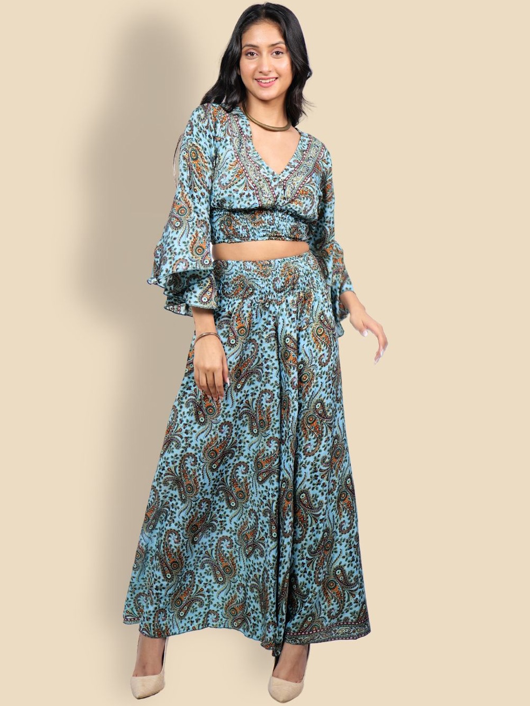 

Boholyfe Printed Polyester V-Neck Shirt With Flared Palazzos Co-Ords, Blue