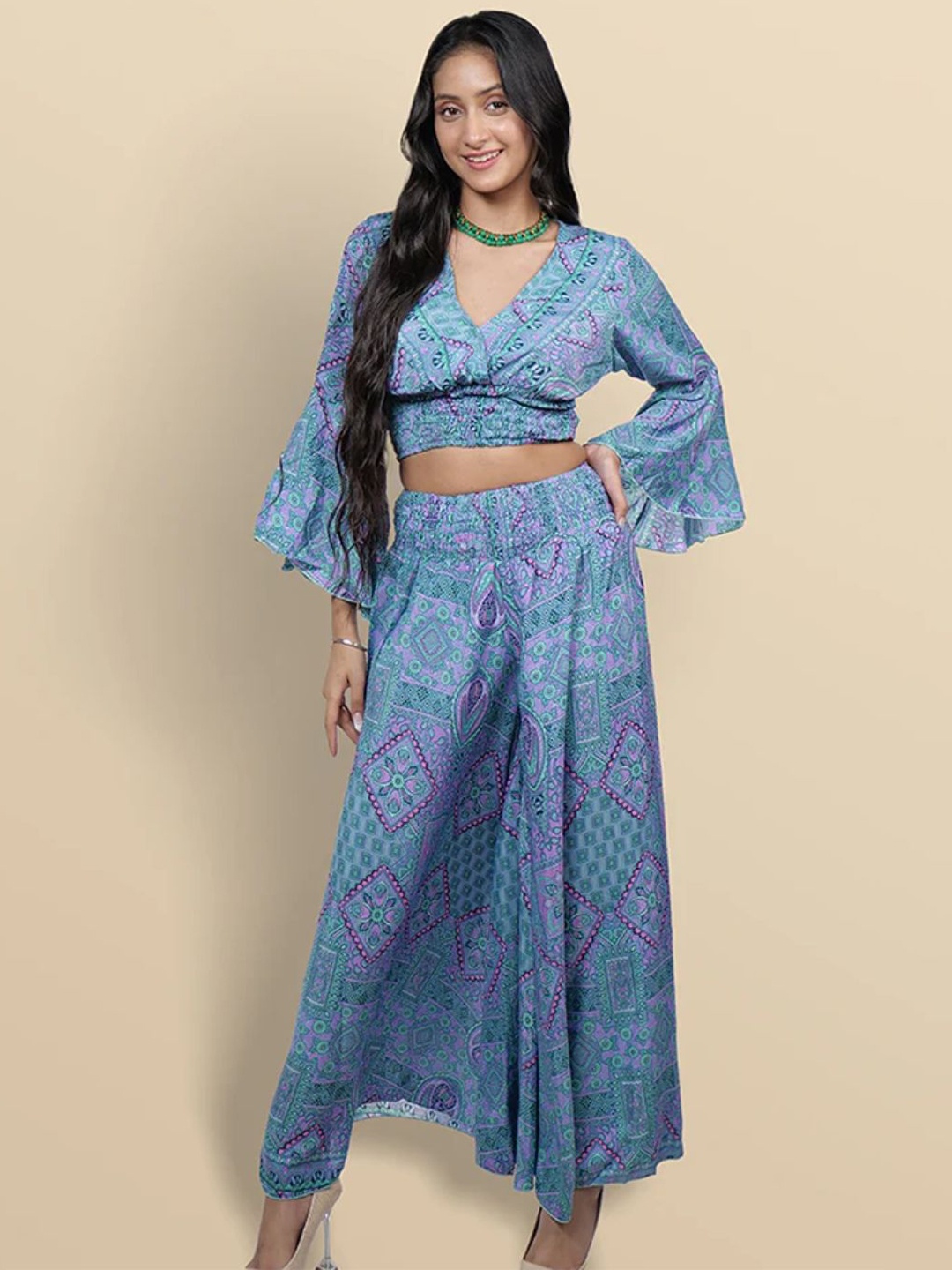 

Boholyfe Printed Crop Top & Palazzos Co-Ords, Blue