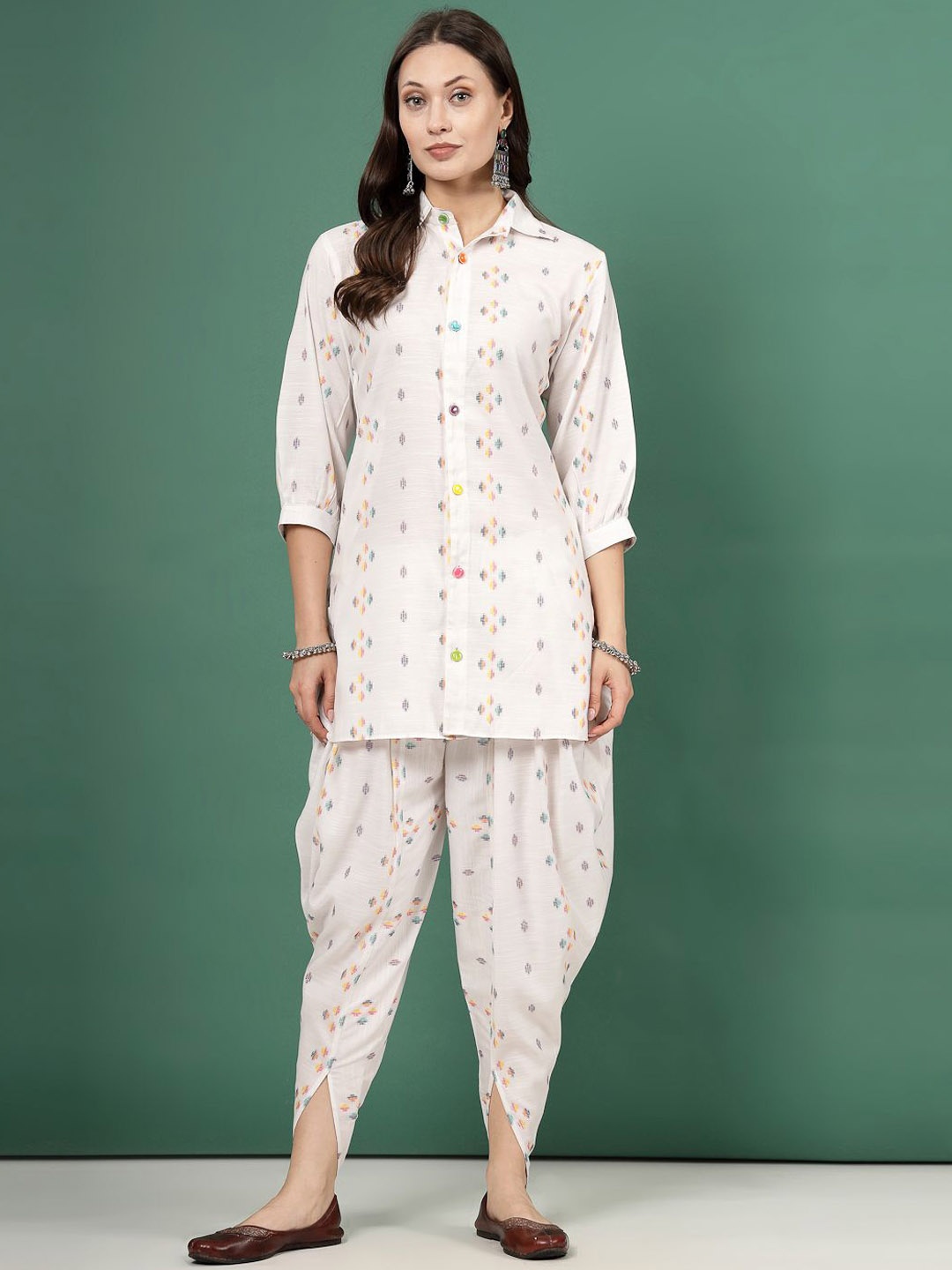 

Clora Creation Women Pure Cotton Woven Design Pathani Kurti with Dhoti Pants, White