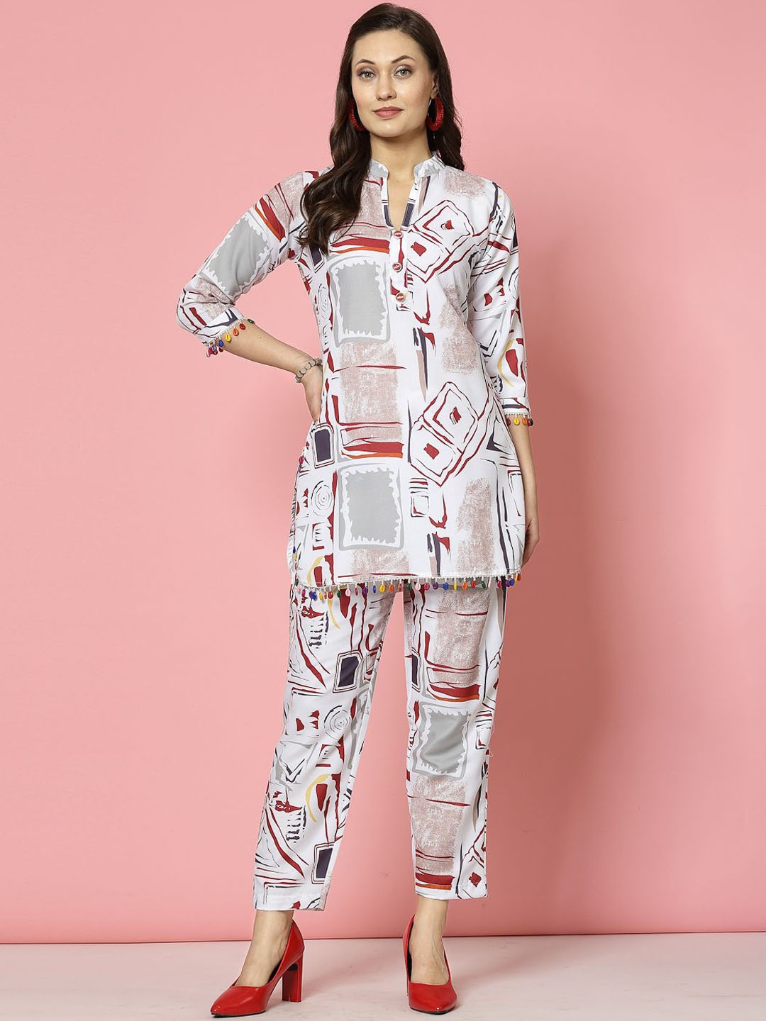

Clora Creation Women Abstract Regular Kurti with Trousers, White