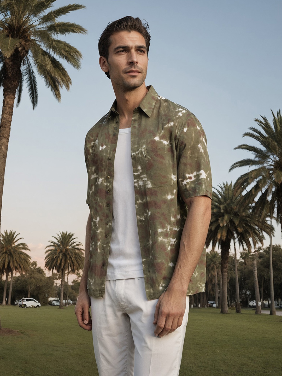 

H&M Cotton Half Sleeve Tie & Dye Print Shirt, Green