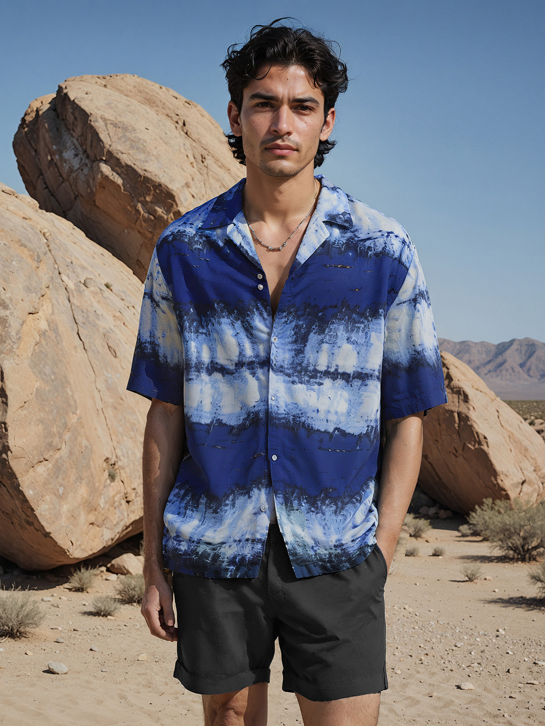 

H&M Cotton Half Sleeve Tie & Dye Print Shirt, Blue