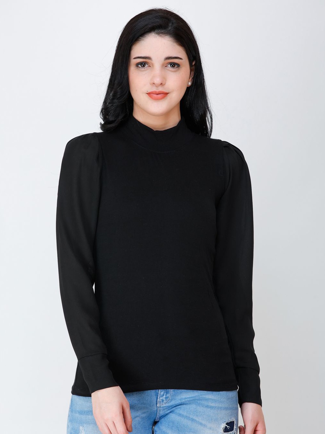 SCORPIUS Solid Long Sleeves Cotton Top, Black