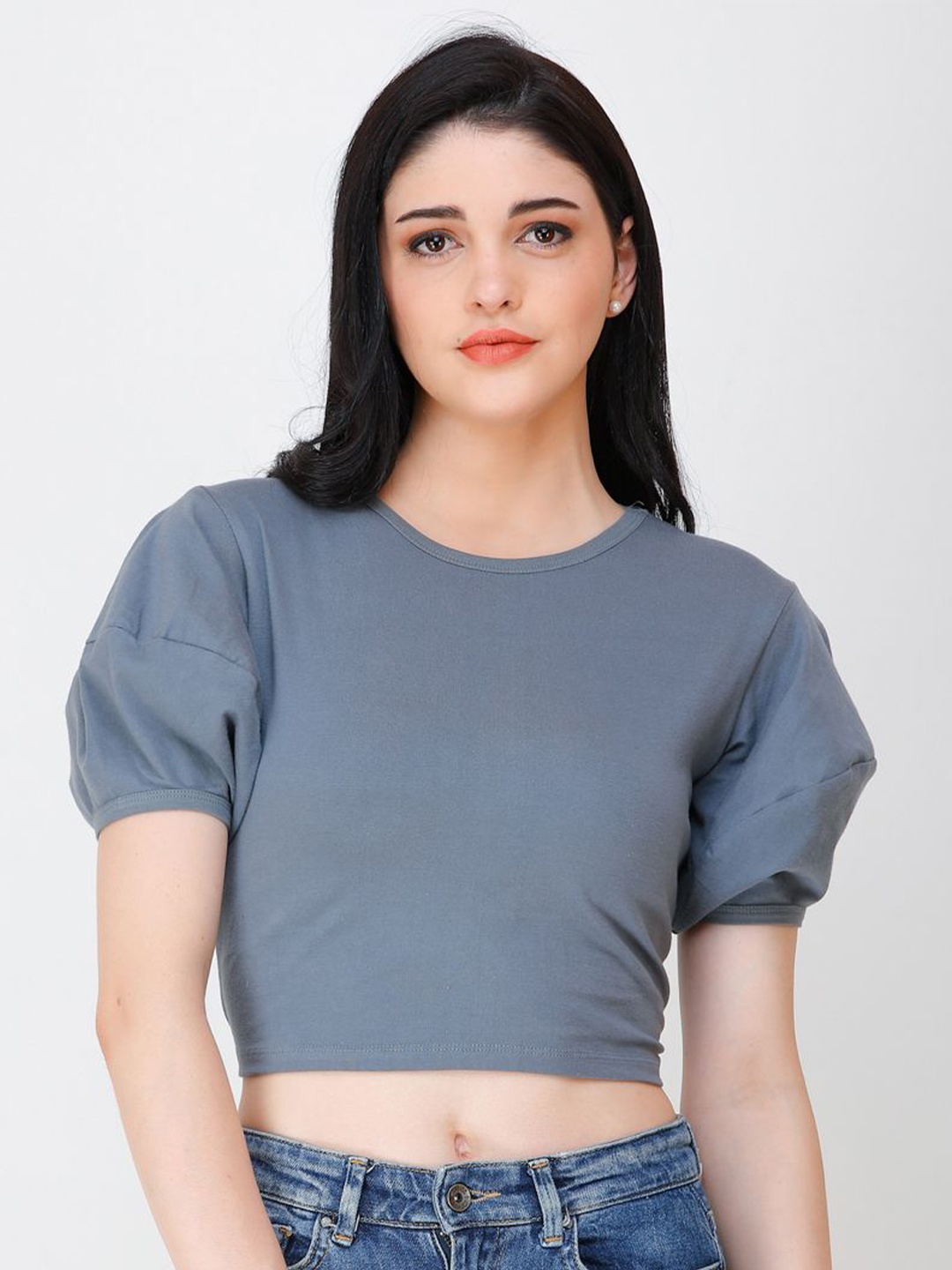 

SCORPIUS Puff Sleeve Cotton Crop Top, Grey