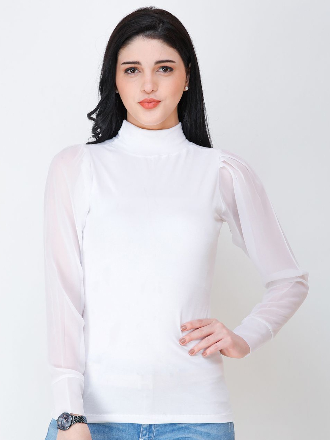 

SCORPIUS Women White Elegance High Neck Cotton Top