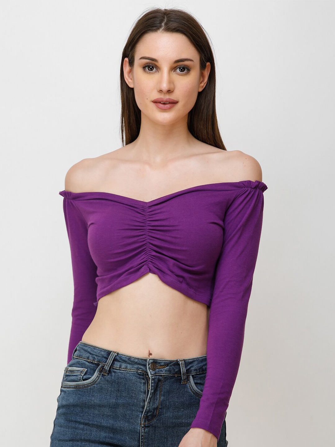 

SCORPIUS Off-Shoulder Cotton Bardot Crop Top, Purple
