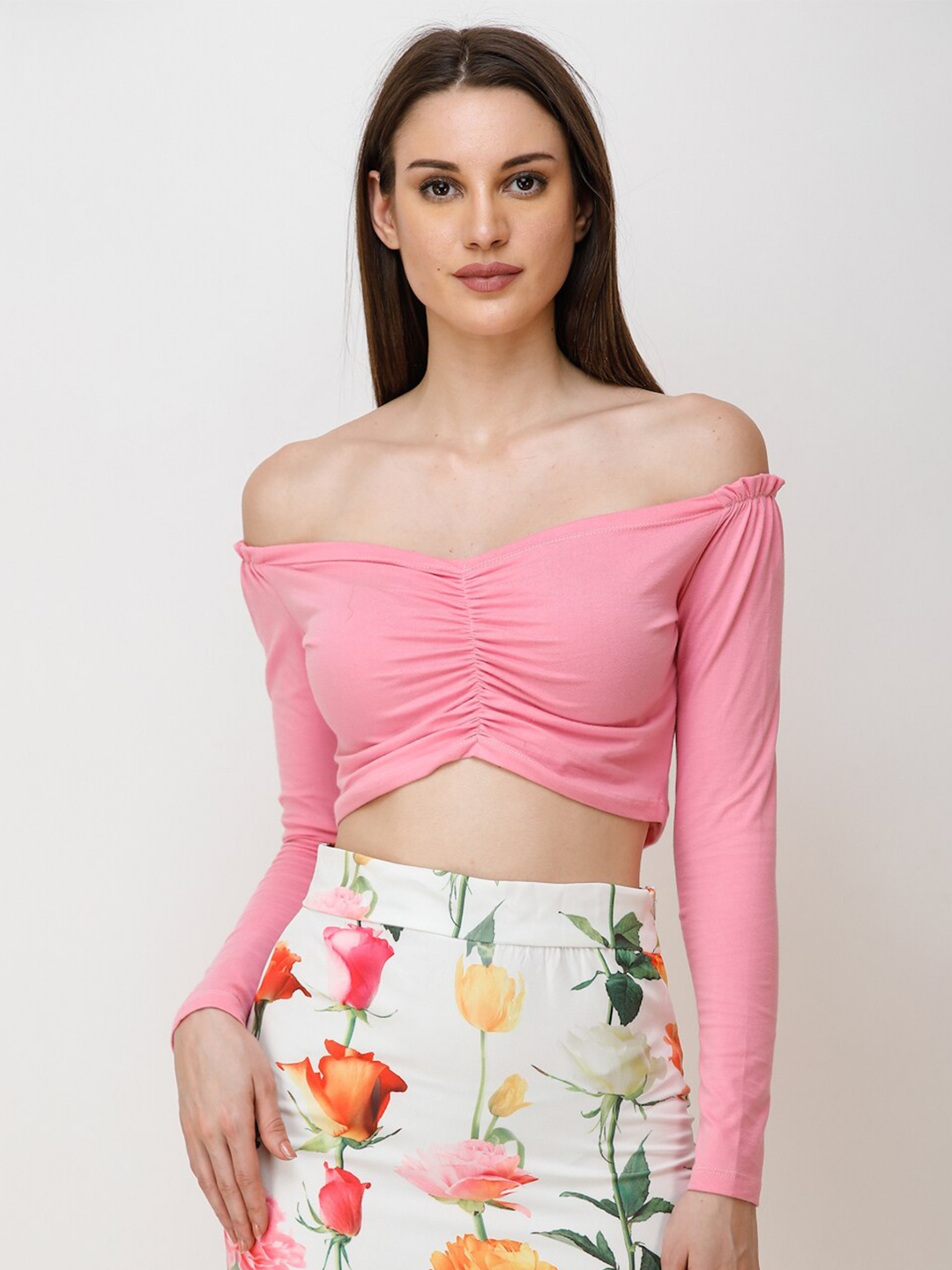 SCORPIUS Off-Shoulder Cotton Bardot Crop Top, Pink