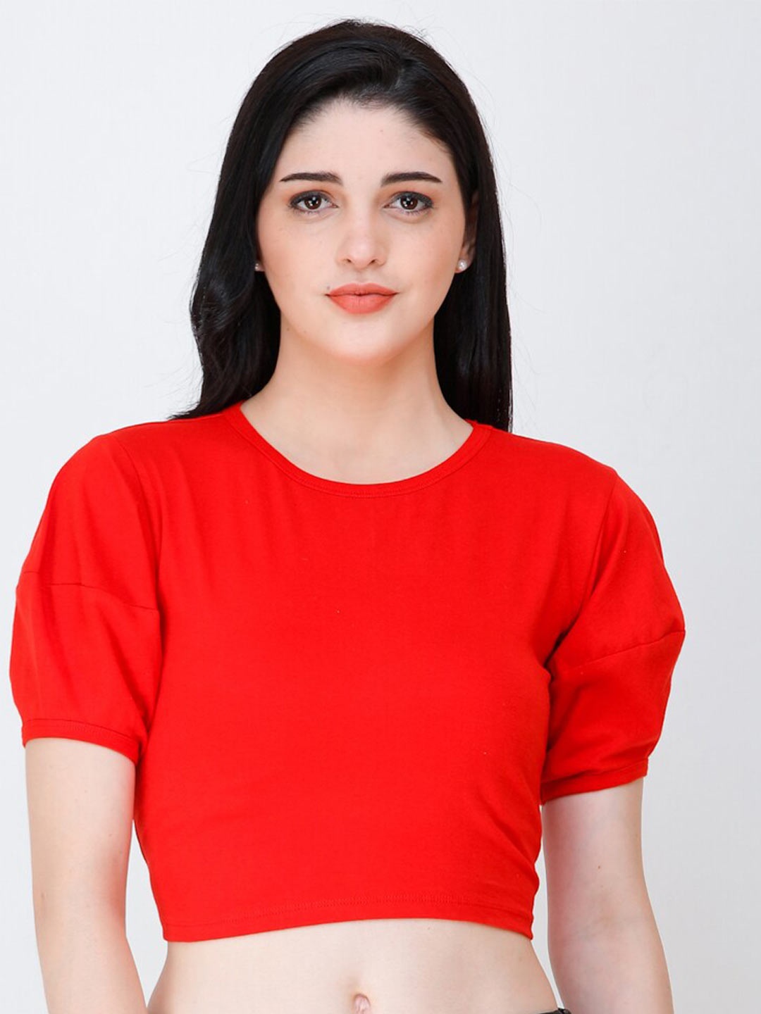 

SCORPIUS Women Puff Sleeve Cotton Solid Crop Top, Red