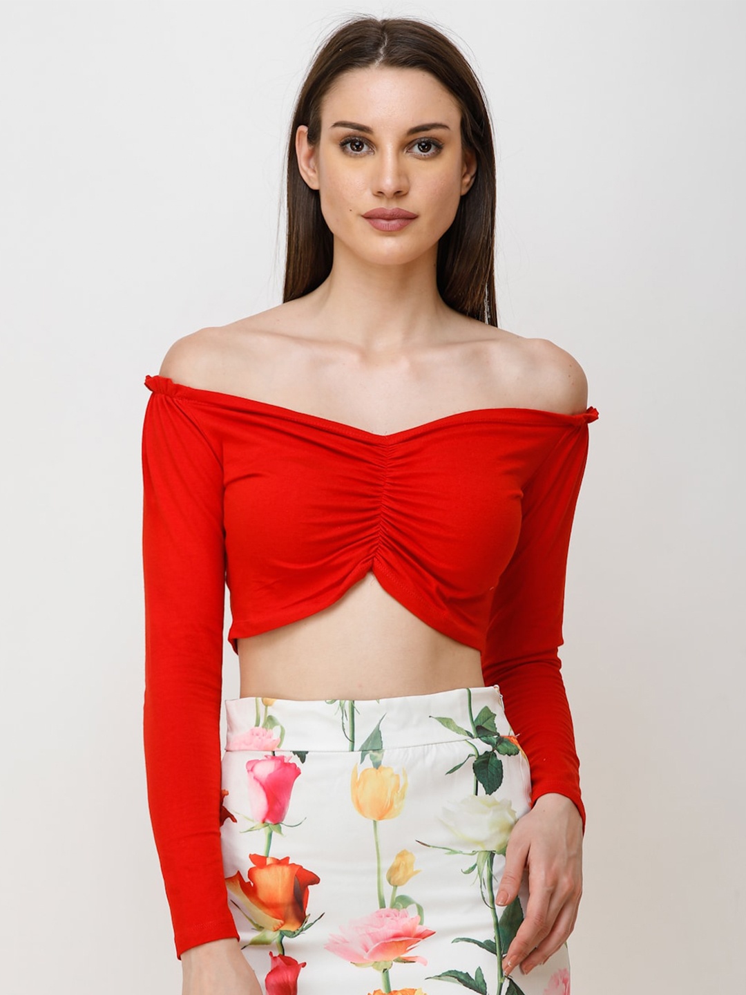 SCORPIUS Women Off-Shoulder Cotton Bardot Crop Top, Red