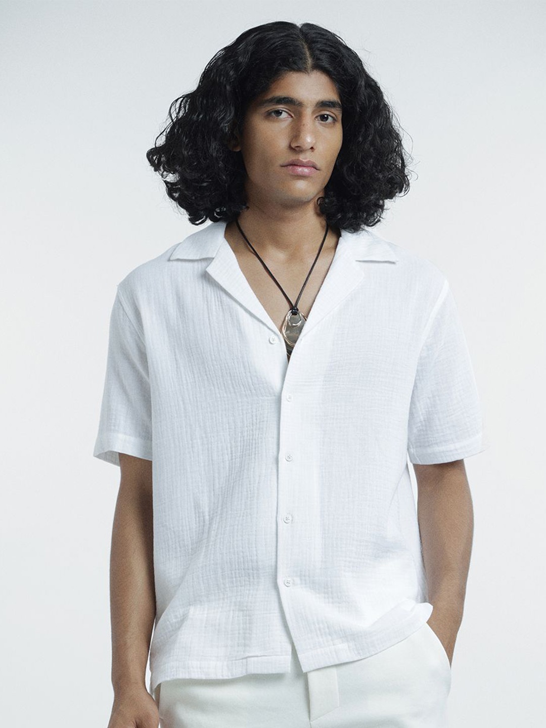 

H&M Pure Cotton Regular Fit Muslin Resort Shirt, White