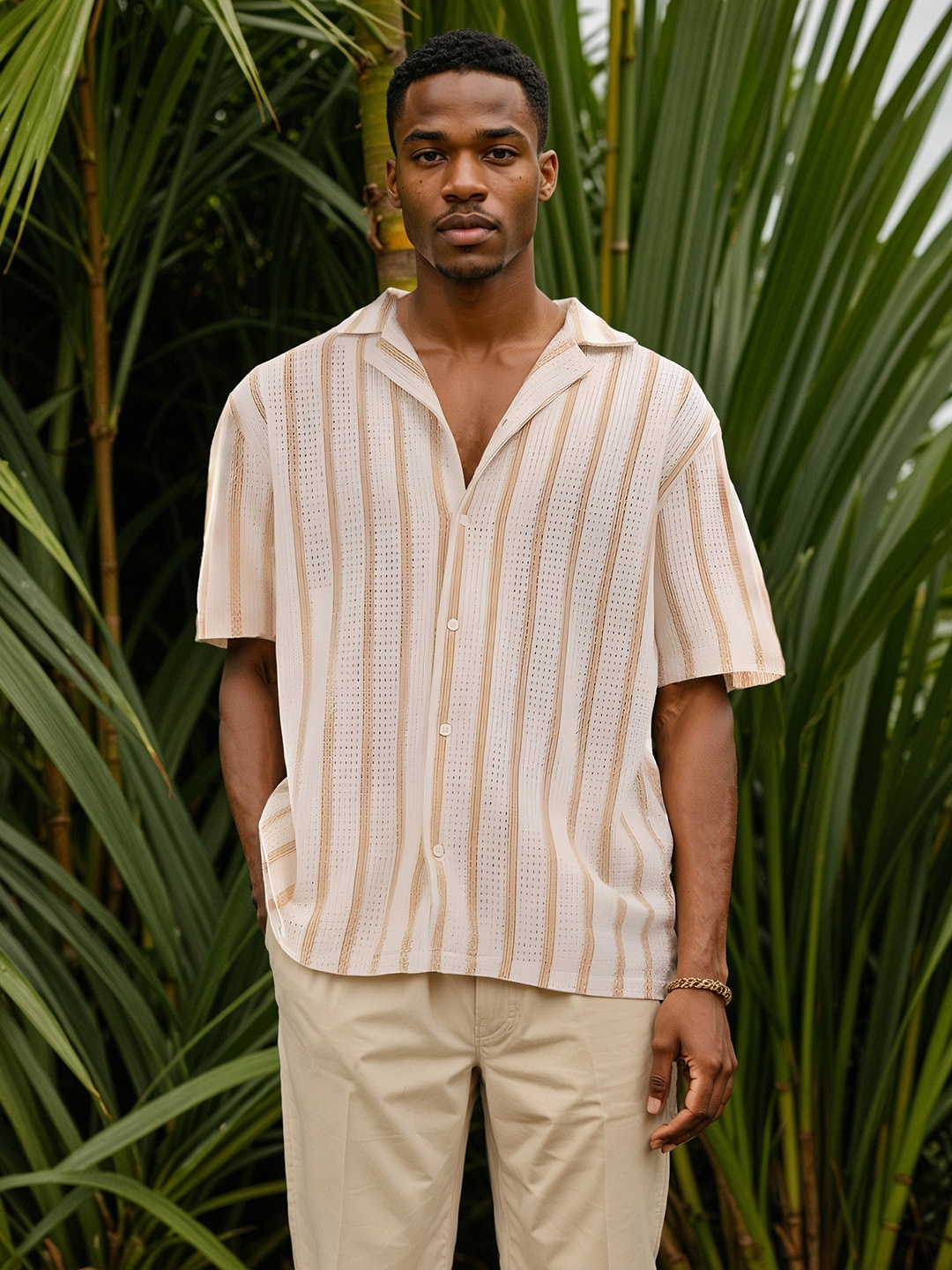 

H&M Cotton Regular Fit Crochet Resort Shirt, Off white