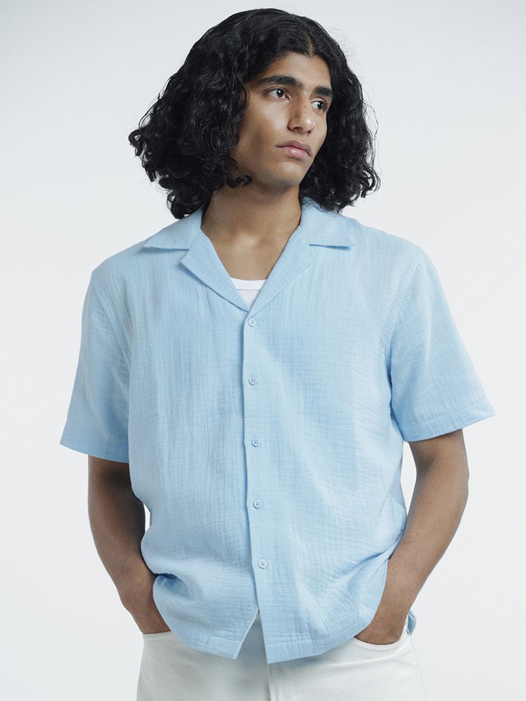 

H&M Pure Cotton Regular Fit Muslin Resort Shirt, Blue