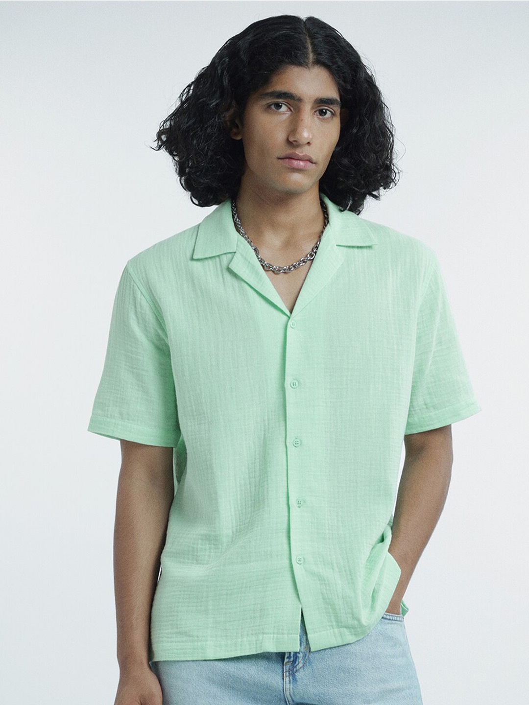 

H&M Pure Cotton Regular Fit Muslin Resort Shirt, Sea green