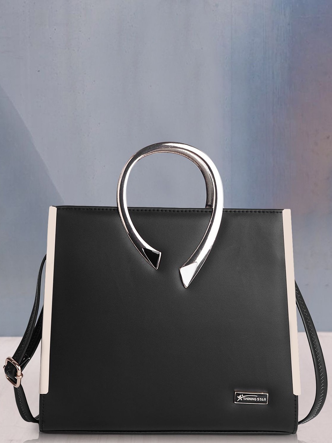 

SHINING STAR Colourblocked PU Structured Handheld Bag, Black