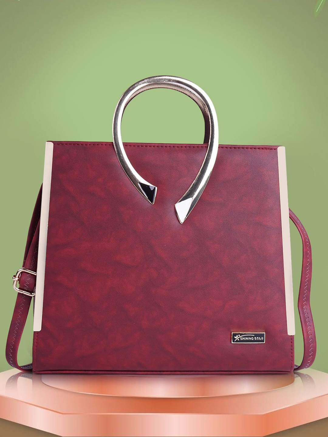 

SHINING STAR Colourblocked PU Structured Handheld Bag, Maroon