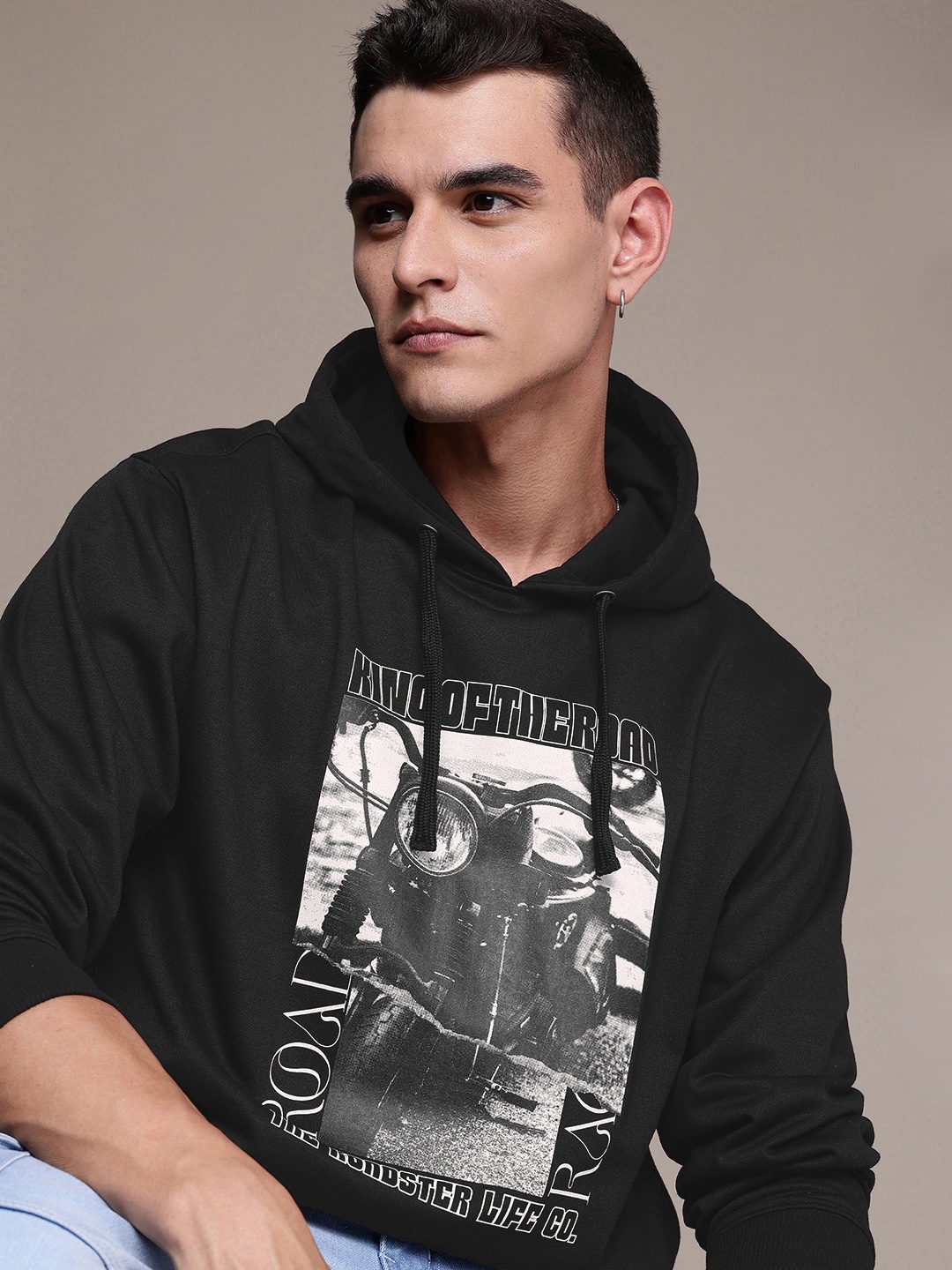 

The Roadster Life Co. Printed Hooded Relaxed Fit Sweatshirt, Black