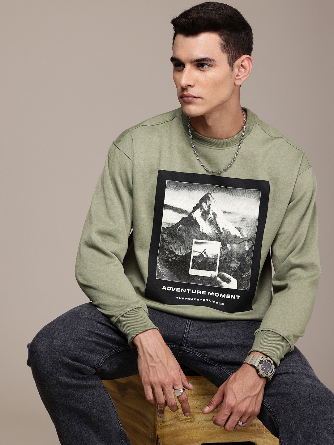 

The Roadster Life Co. Graphic Printed Relaxed Fit Sweatshirt, Olive
