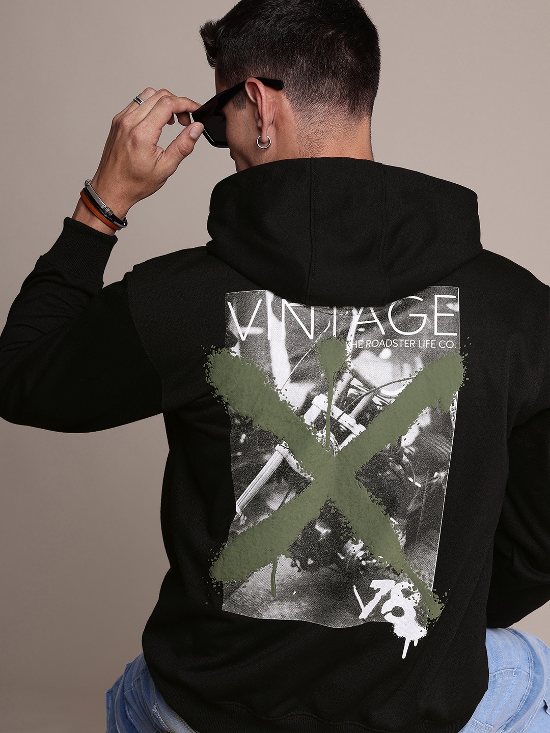 

The Roadster Life Co. Graphic Printed Hooded Relaxed Fit Sweatshirt, Black
