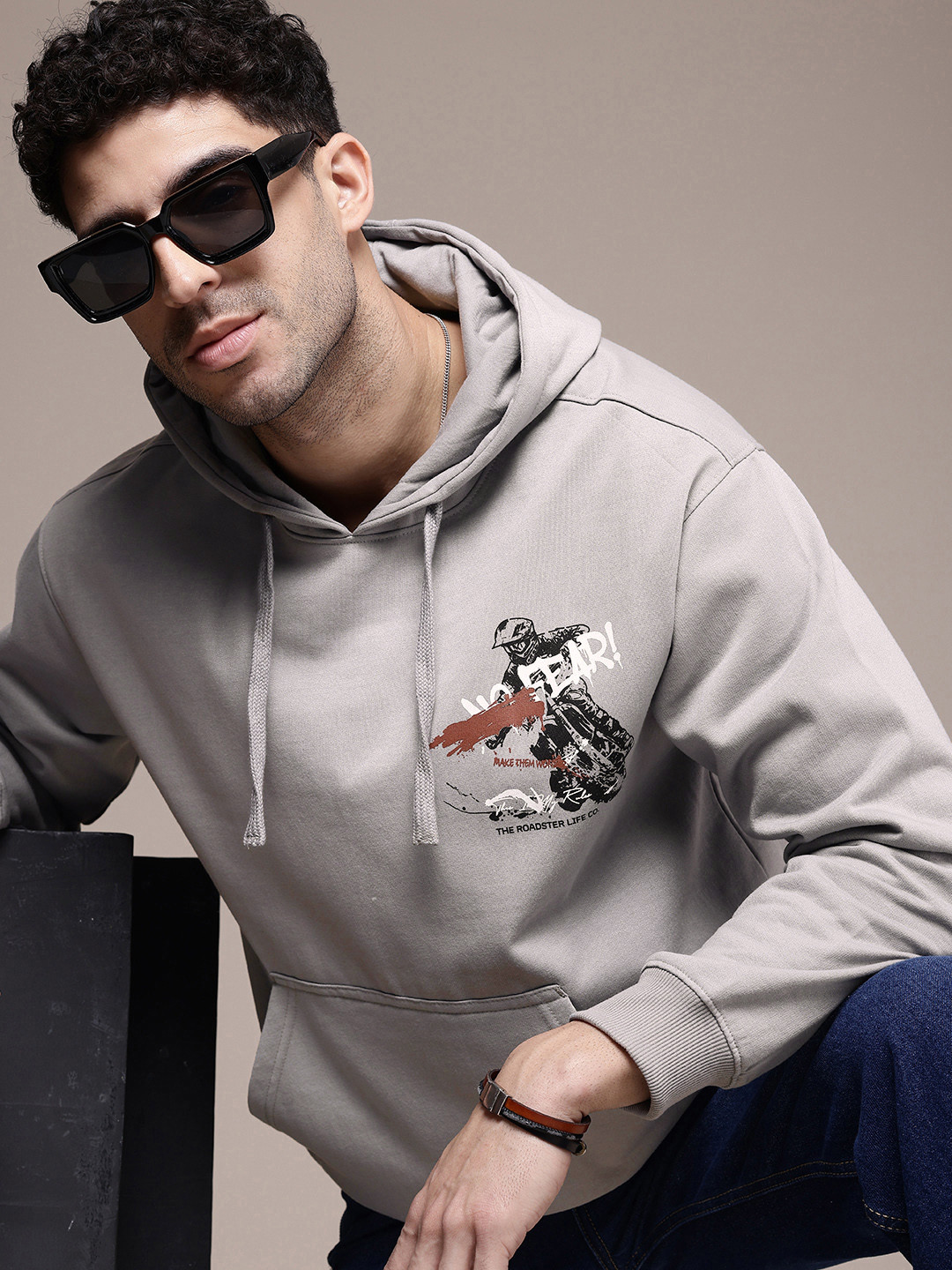 

The Roadster Life Co. Graphic Printed Hooded Relaxed Fit Sweatshirt, Grey