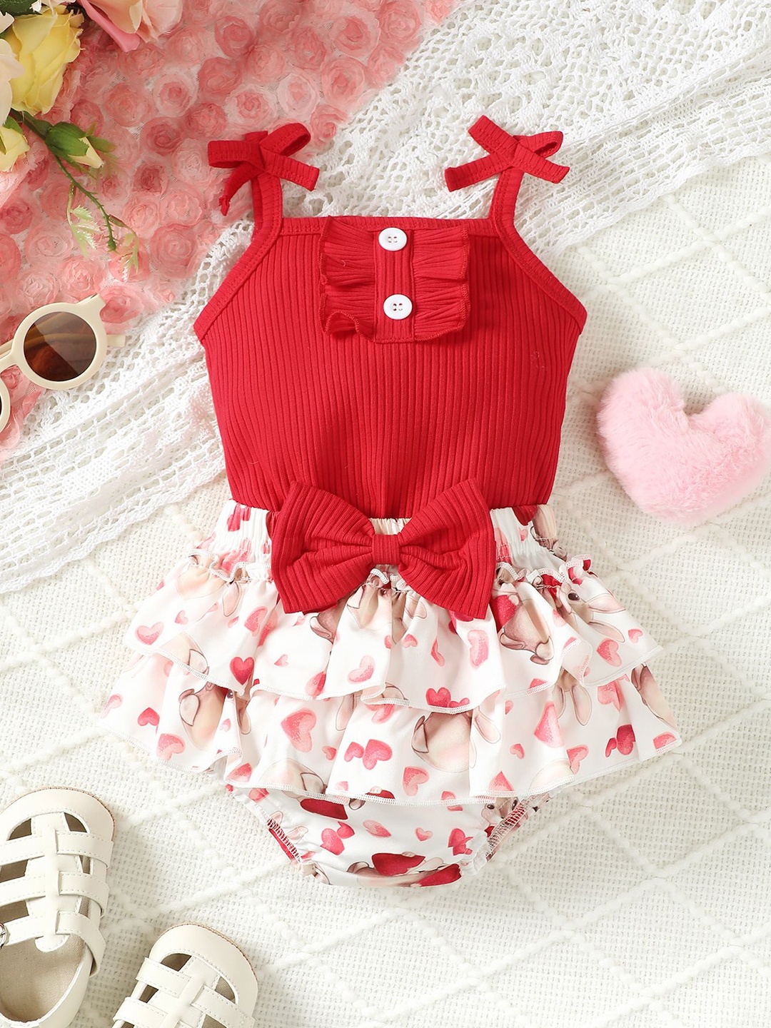 

StyleCast x Revolte Girls Solid Top and Heart Printed Skirt Set, Red