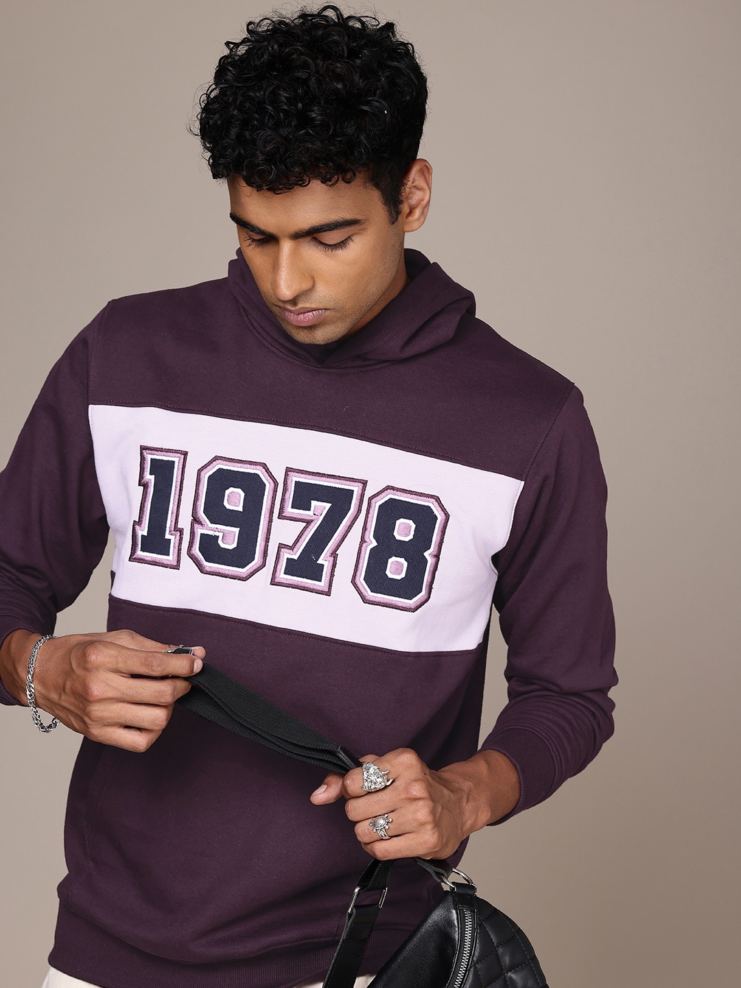 

The Roadster Life Co. Colourblocked Typography Embroidered Hooded Sweatshirt, Purple