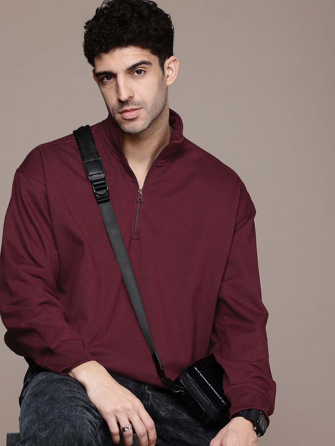 

The Roadster Life Co. Solid Mock Collar Oversized Sweatshirt, Burgundy