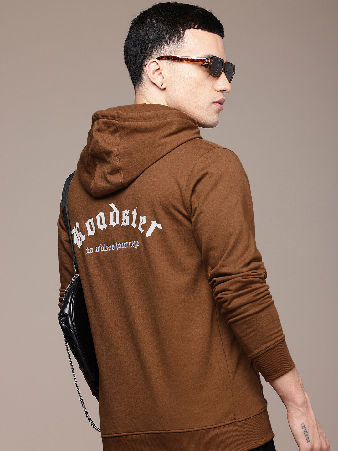 

The Roadster Life Co. Brand Logo Printed Hooded Embroidered Detail Sweatshirt, Brown