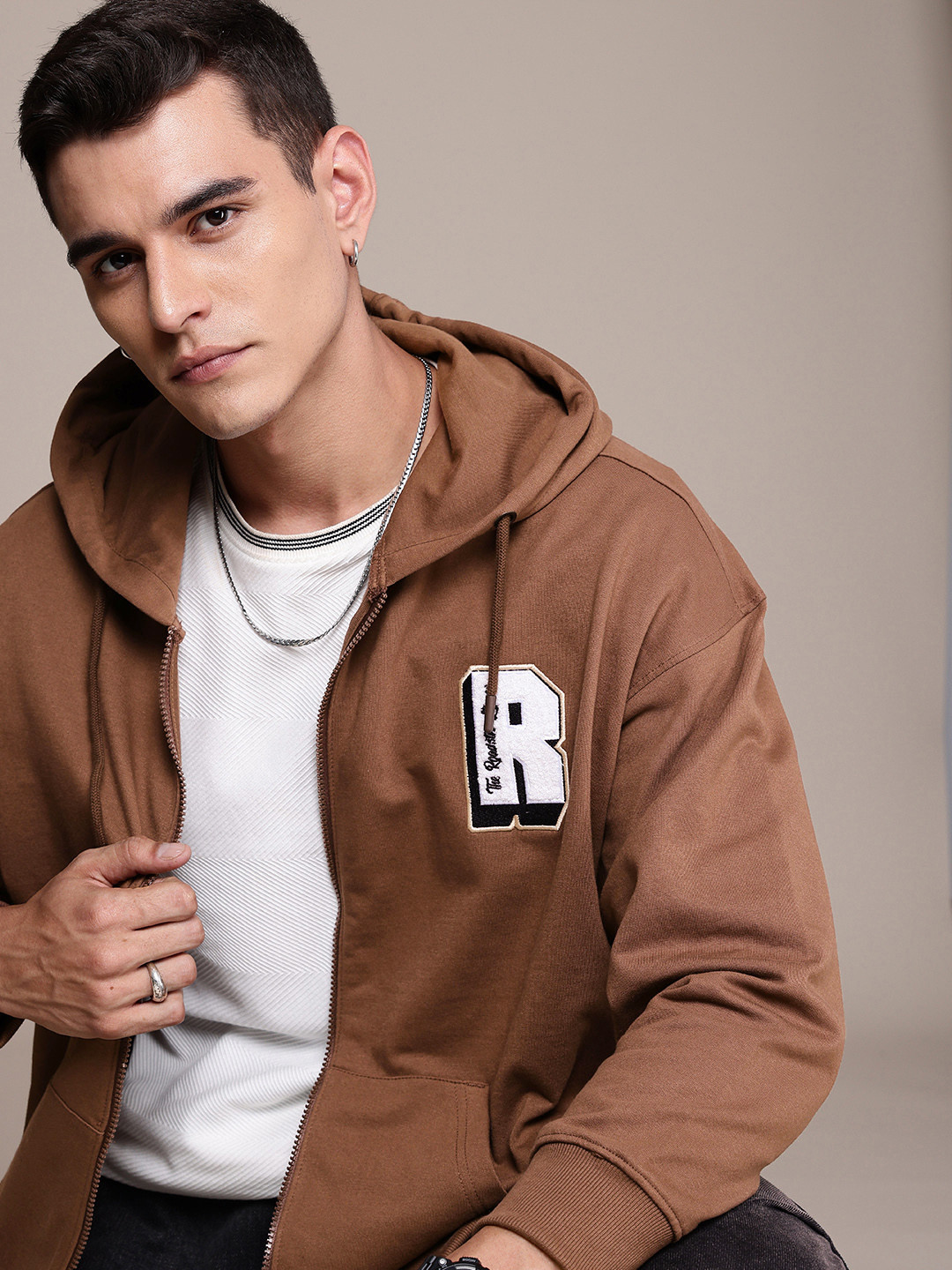 

The Roadster Life Co. Brand Logo Embroidered Relaxed Fit Hooded Sweatshirt, Brown