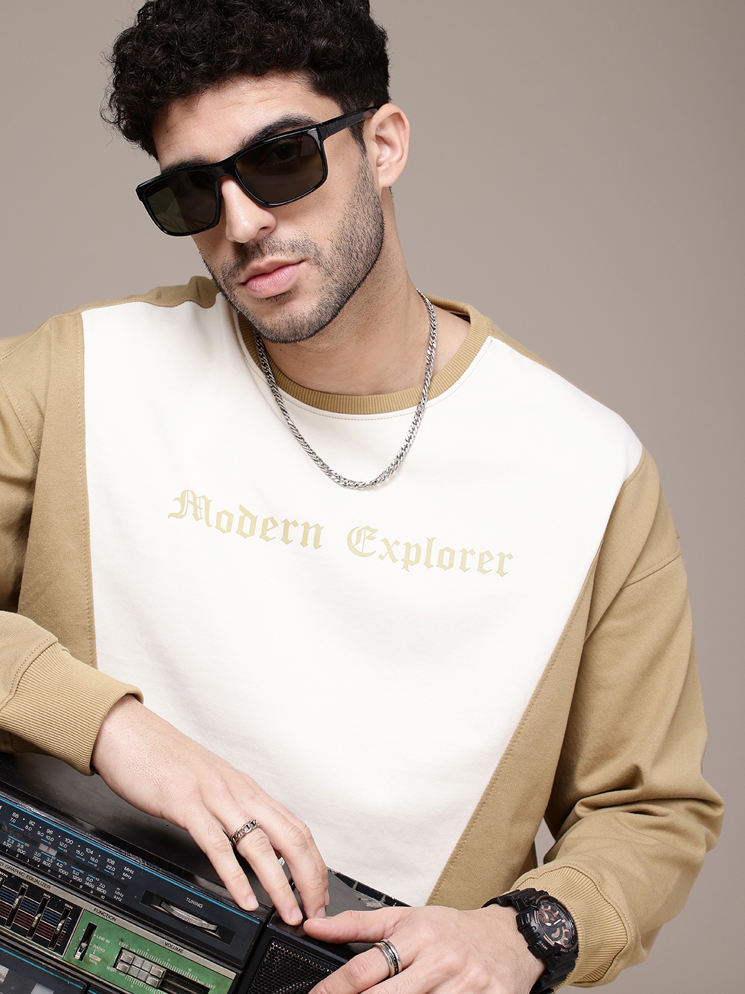 

The Roadster Life Co. Oversized Fit Colourblocked Pullover Sweatshirt, Camel brown