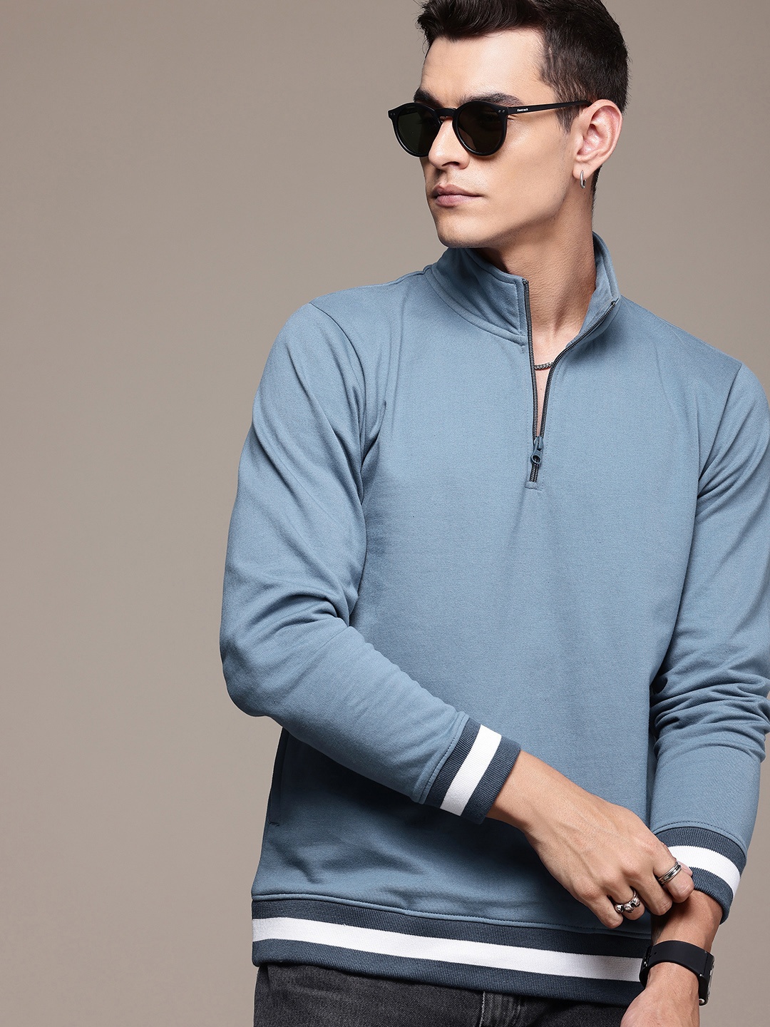 The Roadster Life Co. Solid Mock Collar Pullover Sweatshirt, Blue