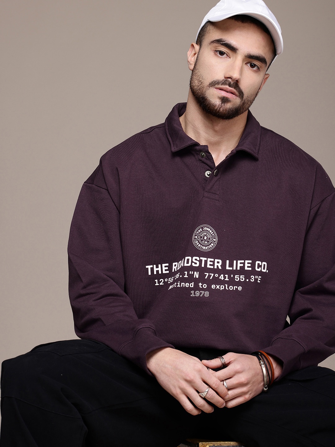 

The Roadster Life Co. Brand Logo Printed Shirt Collar Oversized Fit Sweatshirt, Purple