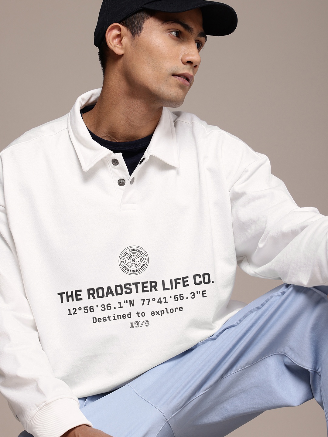 

The Roadster Life Co. Shirt Collar Printed Oversized Sweatshirt, White