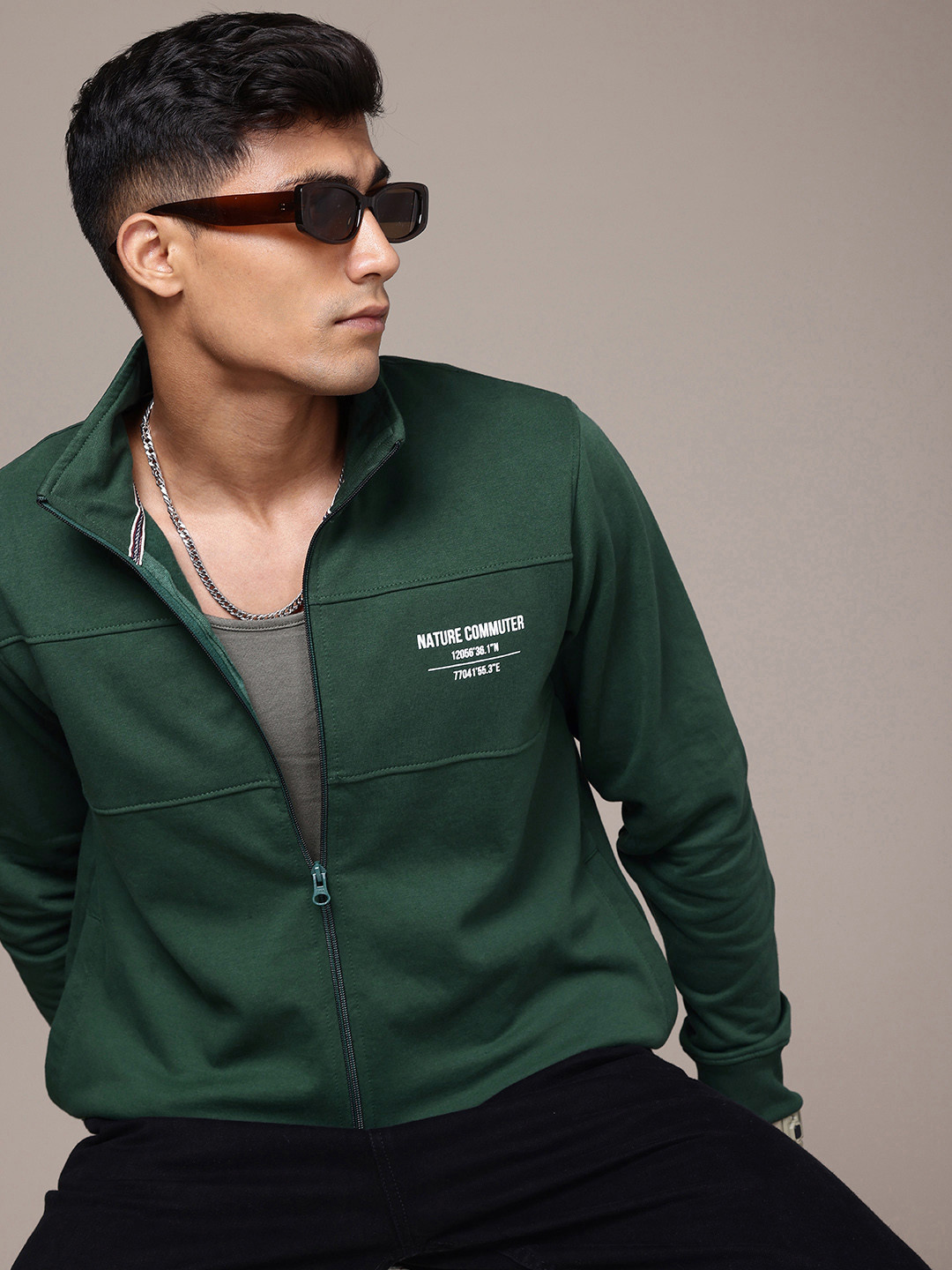

The Roadster Life Co. Typography Printed Open Front Sweatshirt, Green