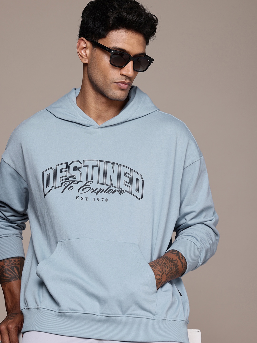 

The Roadster Life Co. Typography Printed Oversized Hooded Pullover Sweatshirt, Blue