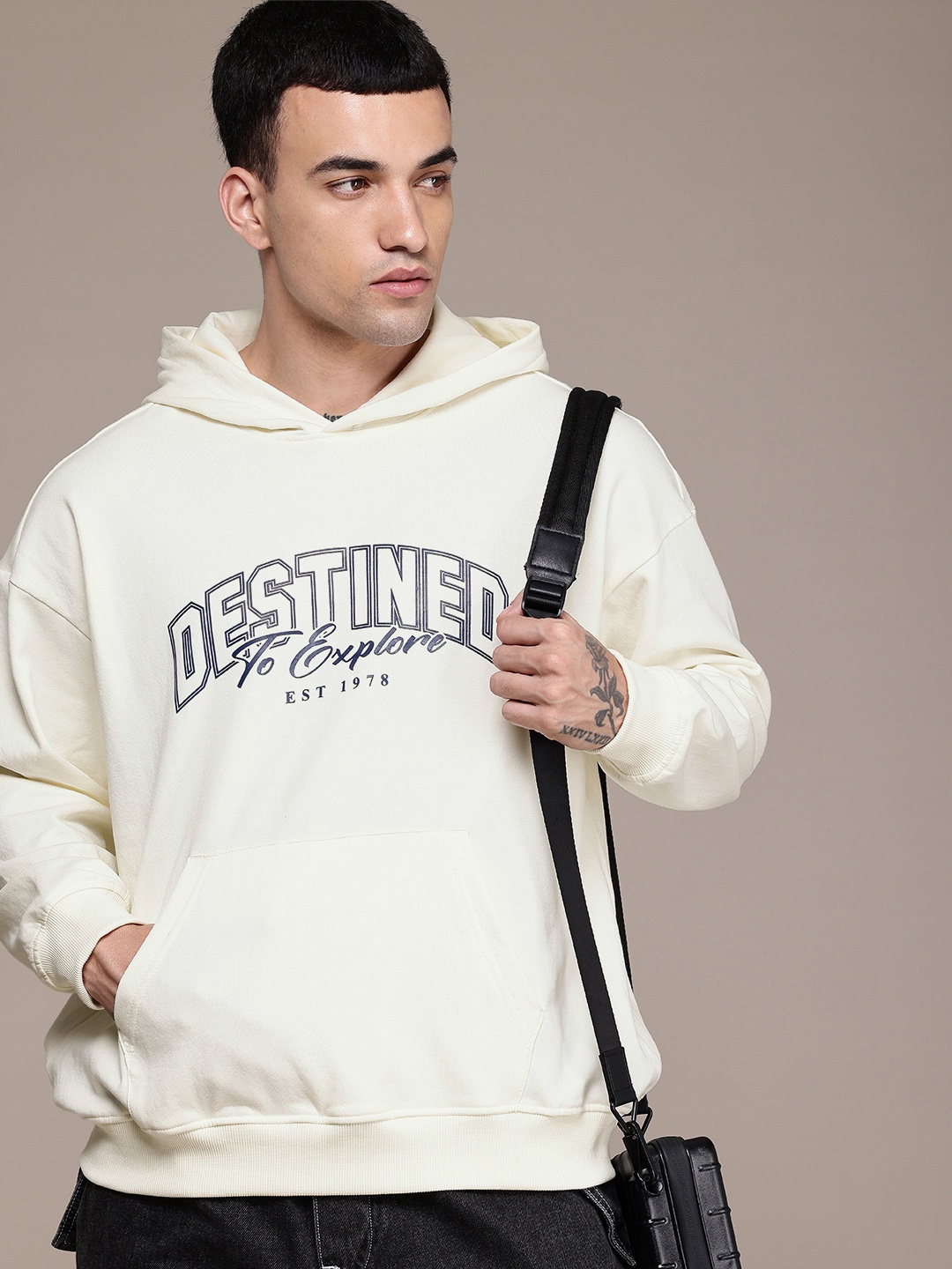 

The Roadster Life Co. Printed Hooded Relaxed Fit Sweatshirt, Cream